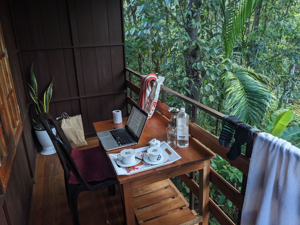a wooden balcony facing green plants and on the balcony a toilet roll, water, cups of coffee, socks, towel, and a chair. 
