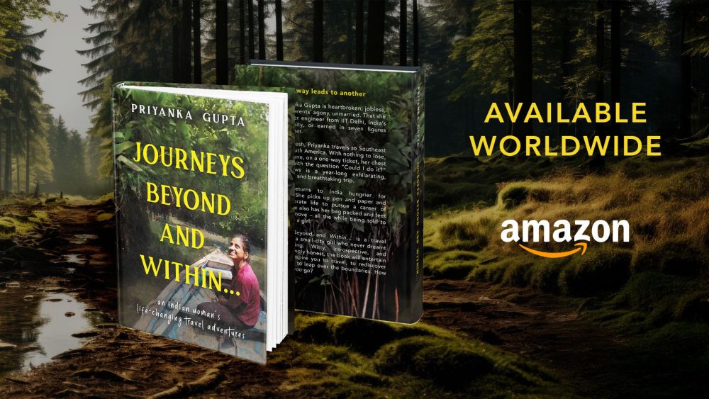 Travel and personal growth book Journeys Beyond and Within Mockup in the forest with a river like path leading into the deeper woods symbolic of how our journeys lead us deeper into the world and ourselves along with the text available on Amazon worldwide written